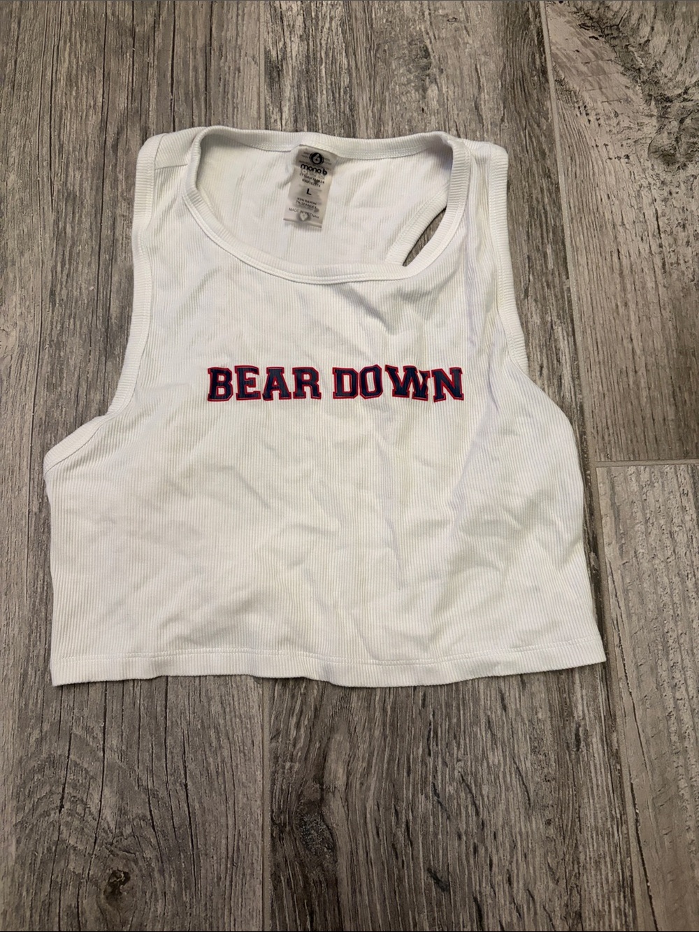White Ribbed Crop Tank with 'BEAR DOWN' Embroidery